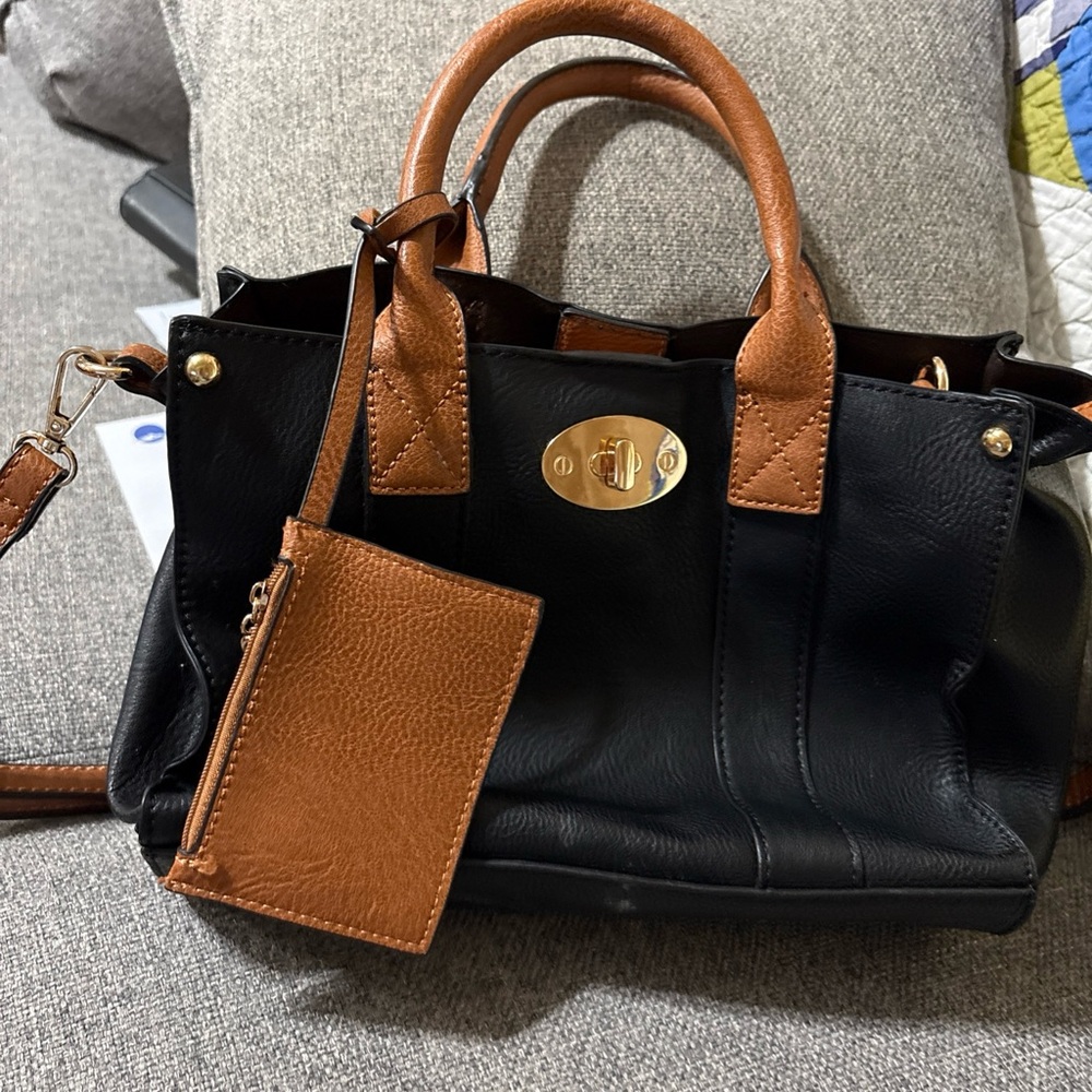 Two-Tone Black and Brown Leather Satchel Handbag